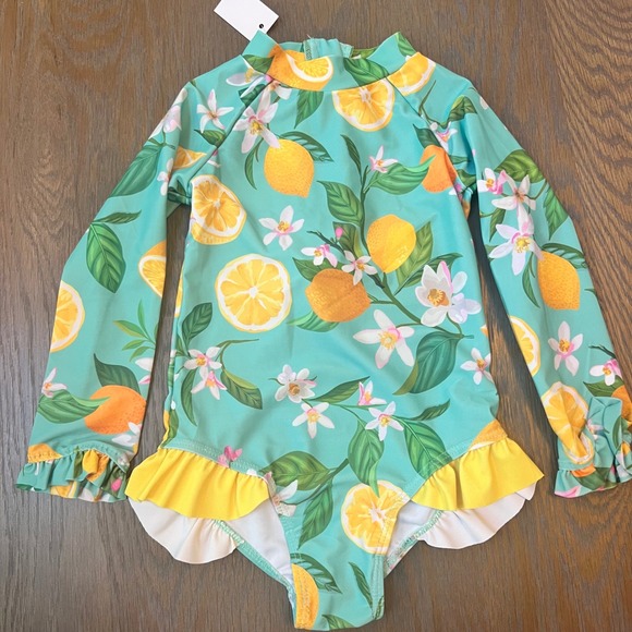 Girls Lemon Print Long Sleeve Rash Guard One Piece Swimsuit UPF 50+ Size 2-3T - Picture 1 of 5